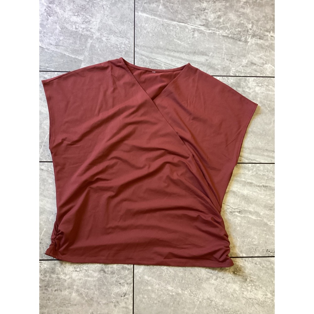 Halara NWOT Short Sleeve V-Neck Ruched Faux Wrap Top Terracotta Red